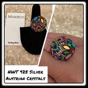 NWT Gorgeous Austrian Crystal / 925 Silver Adjustable ring from Mosaico